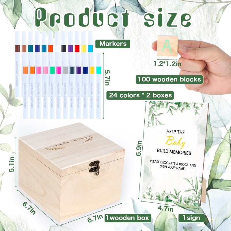Himake 150 PCS Sage Greenery Baby Shower Games Sign Kit Includes 100 Wooden Blocks, 48 Markers, 1 Game Sign, 1 Storage Box for Baby Shower Gender Reveal Activity Party Decorations(Eucalyptus) - Image 2