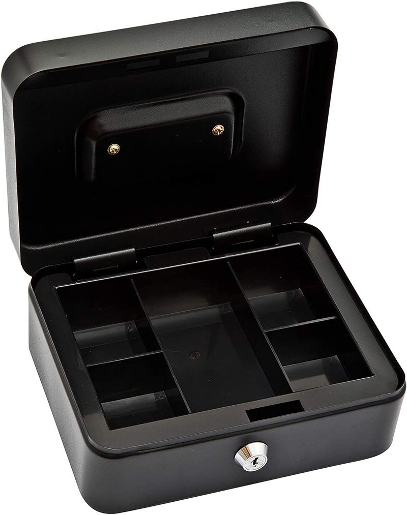 Drofail Security Cash Box New Metal Money Tin Lockable Money Coin and Note Security Removable Change Tray For Perfect Secure Storage in Black 20x16x09 Cm - Image 2