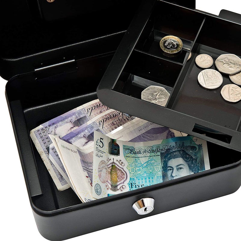 Drofail Security Cash Box New Metal Money Tin Lockable Money Coin and Note Security Removable Change Tray For Perfect Secure Storage in Black 20x16x09 Cm - Image 5