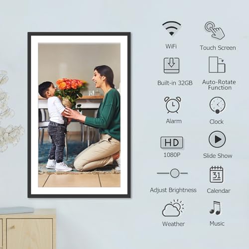 akimart 15.6inch WiFi Digital Picture Frame 1920x1080 FHD IPS Touch Screen, Send Photo or Videos via App or Email, 32GB Storage, Support USB Drive/SD Card Extend Storage,Auto-Rotate, Wall Mountable - Image 2