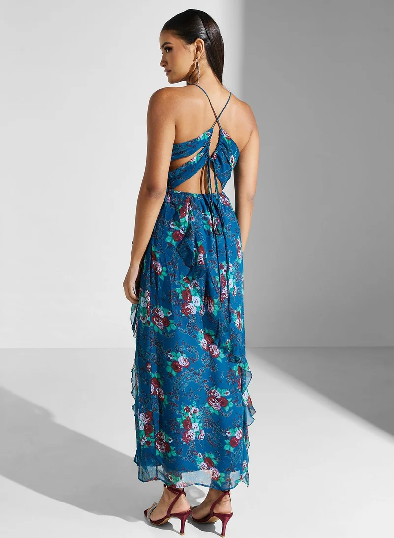 Golden Apple Floral Ruffle Slit Dress