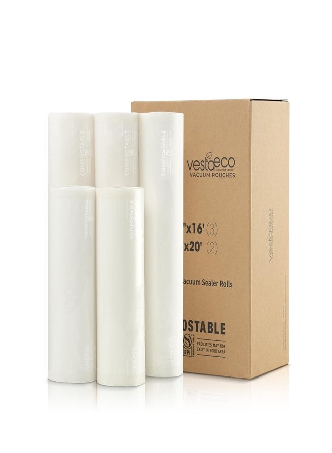 V Vesta Precision VestaEco Compostable Vacuum Sealer Bags, 5 Pack 2 Rolls 8" x 20' and 3 Rolls 11" x 16', Eco-Friendly, Heavy-Duty Food Storage Bags, BPA-Free, for Storage, Meal Prep or Sous Vide - Image 1