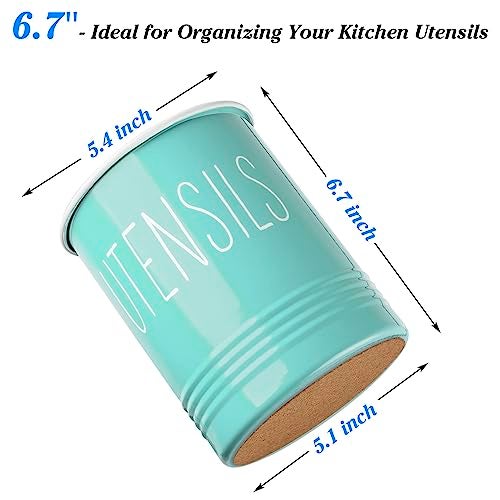 Bivvclaz Teal Kitchen Utensil Holder, 6.7" Utensil Holder for Kitchen Counter, Cooking Utensil Crock with Cork Bottom, Turquoise Decor and Accessories, Countertop Utensil Storage Caddy Organizer - Image 2