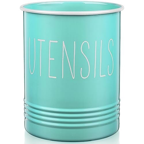 Bivvclaz Teal Kitchen Utensil Holder, 6.7" Utensil Holder for Kitchen Counter, Cooking Utensil Crock with Cork Bottom, Turquoise Decor and Accessories, Countertop Utensil Storage Caddy Organizer - Image 1