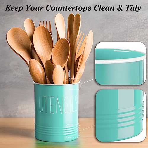 Bivvclaz Teal Kitchen Utensil Holder, 6.7" Utensil Holder for Kitchen Counter, Cooking Utensil Crock with Cork Bottom, Turquoise Decor and Accessories, Countertop Utensil Storage Caddy Organizer - Image 4