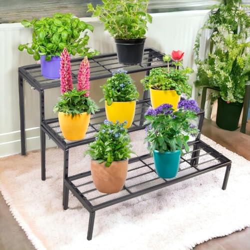 ecofynd Jasper Plant Stands for Outdoor Balcony, Flower Pot Stand for Indoor Plants, Metal Planter Stand for Living Room, home decor, Indoor & Outdoor plants, 3 Tier, (Black) - Image 1