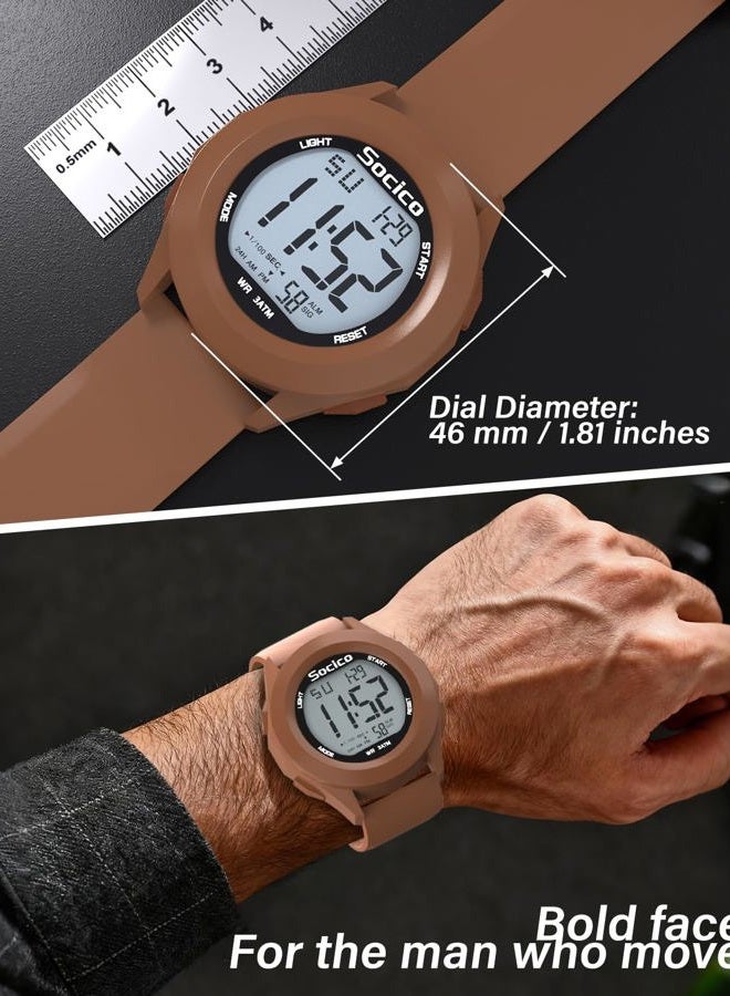 SOCICO Mens Digital Watch Sports Waterproof Outdoor Large Face Military Watches with Stopwatch Back Light Alarm Date Display, Brown - Image 2