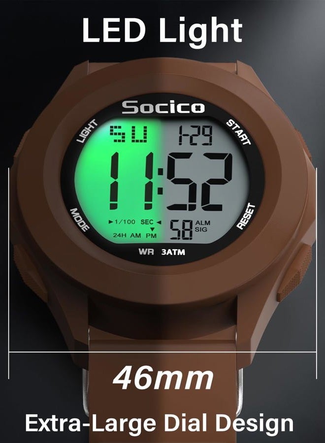 SOCICO Mens Digital Watch Sports Waterproof Outdoor Large Face Military Watches with Stopwatch Back Light Alarm Date Display, Brown - Image 4