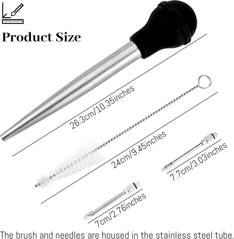 Omoojee Store Turkey Baster Syringe for Cooking, Large Stainless Steel Meat Injector, with Cleaning Brush and 2 Marinade Needles, Black - Image 2