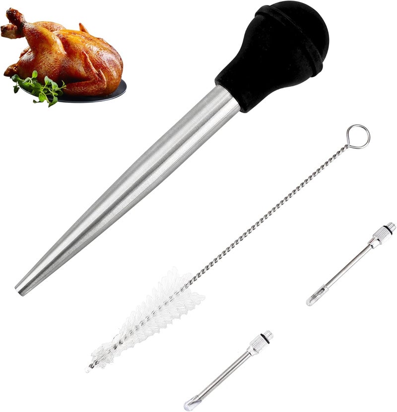 Omoojee Store Turkey Baster Syringe for Cooking, Large Stainless Steel Meat Injector, with Cleaning Brush and 2 Marinade Needles, Black - Image 1