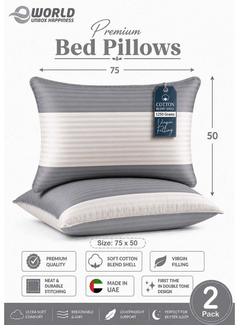 Eworld Pack of 2 Down Alternative Bed Pillows, 1250g Fill, Cotton Blend Cover, Hotel Quality, 50x75cm, Cream-Grey - Image 1