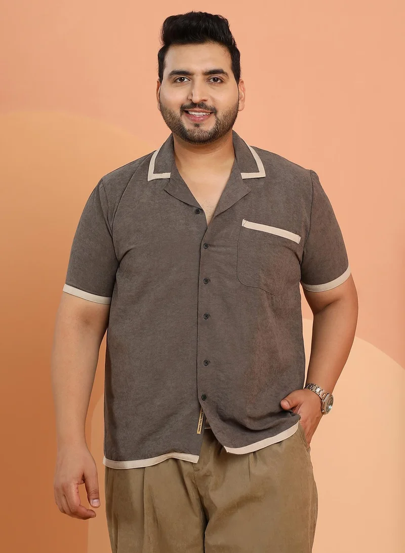 Instafab Plus Instafab Plus Men's Coffee Brown Contrast-Cuban Shirt For Casual Wear | Cuban Collar | Short Regular Sleeves | Button Closure | Plus Size Shirt Crafted With Comfort Fit For Everyday Wear