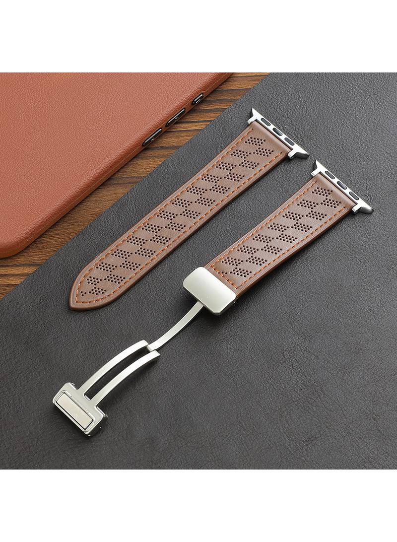 Y&D For Apple Watch 42/44/45/49MM Leather Breathable Microporous Folding Magnetic Buckle Strap - Image 1