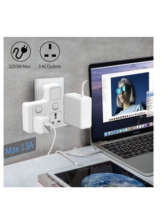 Tycom Power Adaptor Multi Plug Extension ، Extender Wall Charger Socket 3 way Multi Electric Outlet Adapter ، محطة شحن للمنزل والمكتب （3 Way） - view 2
