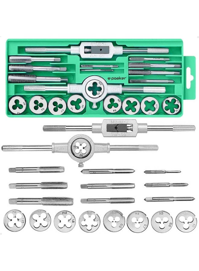 Poaker 20-Piece Metric Tap and Die Set M3–M12 – Thread Cutter Set with Drill for Internal & External Threading – Tap Die Kit for Engines, Automotive, Plumbing & Home Repair Tasks - Image 1