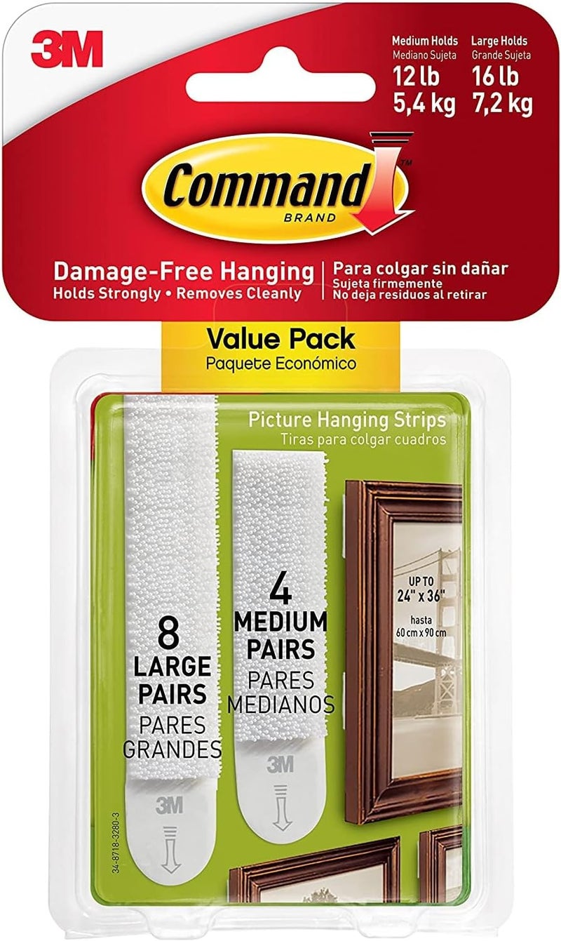 Command Picture Medium and Large Hanging Strips (8M + 4L) White color, 12 pairs/pack - Image 1