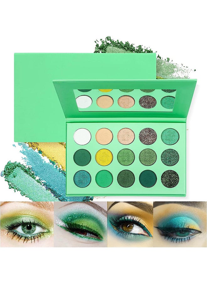 Technic - Green Eyeshadow Palette, Green Glitter Eyeshadow Highly Pigmented, Forest Emerald Green Makeup Palettes, Yellow Lime Grass Grinch Green Makeup Eye Shadow Pallet 15 Color For Women - Image 1