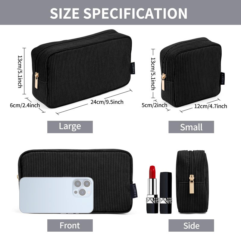 MAGEFY Makeup Bag 2 Pcs Corduroy Cosmetic Bag Mini Big Makeup Bags for Women Travel Pouch with Slip-in Pockets Ecoï¼ˆBlackï¼‰ - Image 2