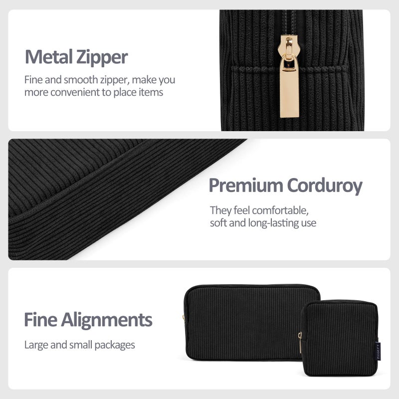 MAGEFY Makeup Bag 2 Pcs Corduroy Cosmetic Bag Mini Big Makeup Bags for Women Travel Pouch with Slip-in Pockets Ecoï¼ˆBlackï¼‰ - Image 3