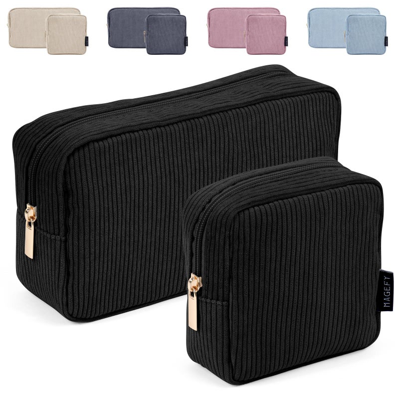 MAGEFY Makeup Bag 2 Pcs Corduroy Cosmetic Bag Mini Big Makeup Bags for Women Travel Pouch with Slip-in Pockets Ecoï¼ˆBlackï¼‰ - Image 1