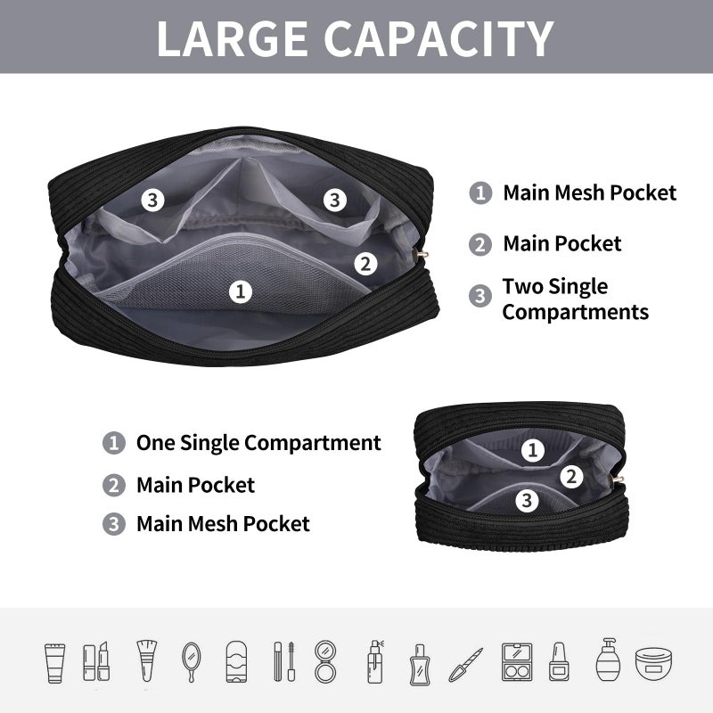 MAGEFY Makeup Bag 2 Pcs Corduroy Cosmetic Bag Mini Big Makeup Bags for Women Travel Pouch with Slip-in Pockets Ecoï¼ˆBlackï¼‰ - Image 4