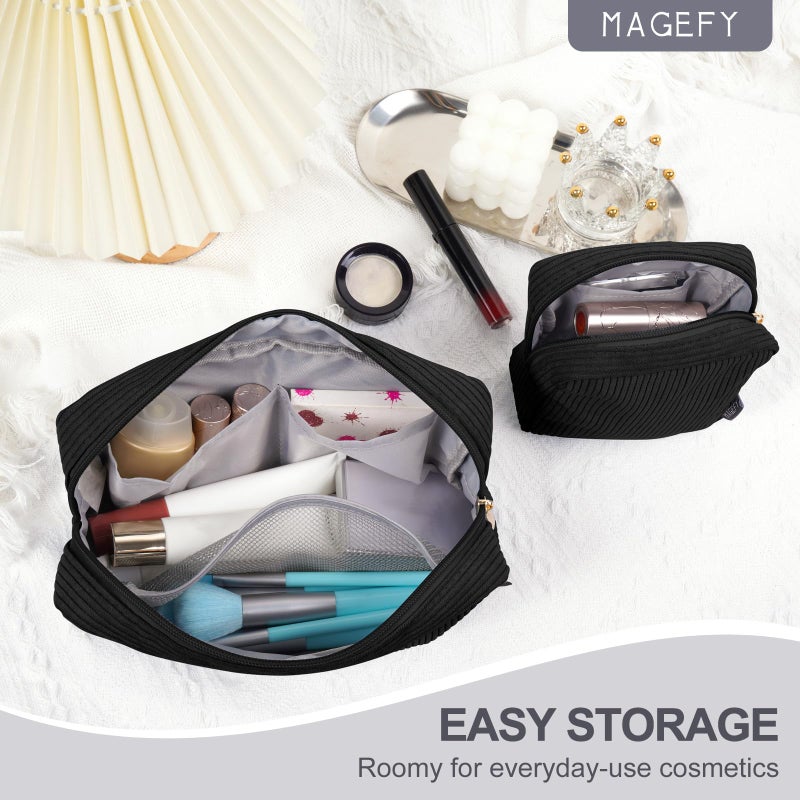 MAGEFY Makeup Bag 2 Pcs Corduroy Cosmetic Bag Mini Big Makeup Bags for Women Travel Pouch with Slip-in Pockets Ecoï¼ˆBlackï¼‰ - Image 5