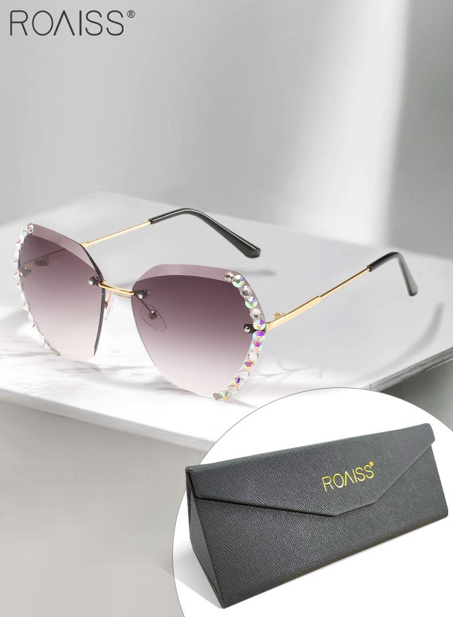 رويس نظارة شمسية على شكل فراشة بدون إطار للنساء، نظارة الشمس الواقية من الأشعة فوق البنفسجية 400 مزينة بأحجار الراين، ظلال شمسية عصرية كبيرة الحجم مضادة للوهج مع حافظة النظارة، 60 مم - Image 1