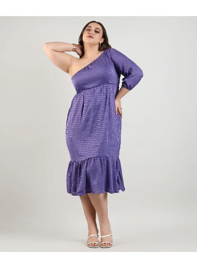 Instafab Plus Women's Purple Self-Design Dress For Casual Wear | Quarter Sleeve | Polyester Fabric | One-Shoulder Dress Crafted With Comfort Fit For Everyday Wear