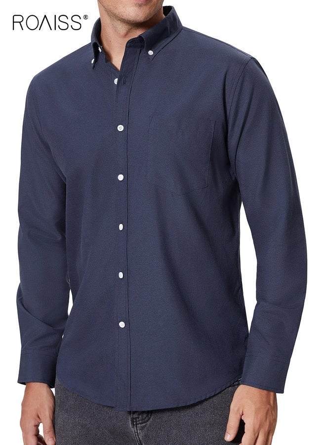 roaiss Men's Oxford Shirts Regular Fit Button down Shirt Business Casual Shirts Long Sleeve Dress Shirt Lapel Collar Button-Down Cardigan for Men - Image 3