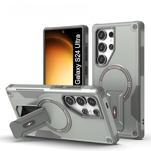 US LITE Back Cover for Samsung Galaxy S24 Ultra with Portable Kickstand | Mag-Safe Compatible Magnetic Case | Shockproof Military Grade Protection | Extreme Protection Phone Cover – Grey - Image 1