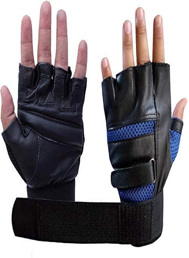 GymWar Leather Gym Gloves with Wrist Support (Blue) Free Size - Image 1