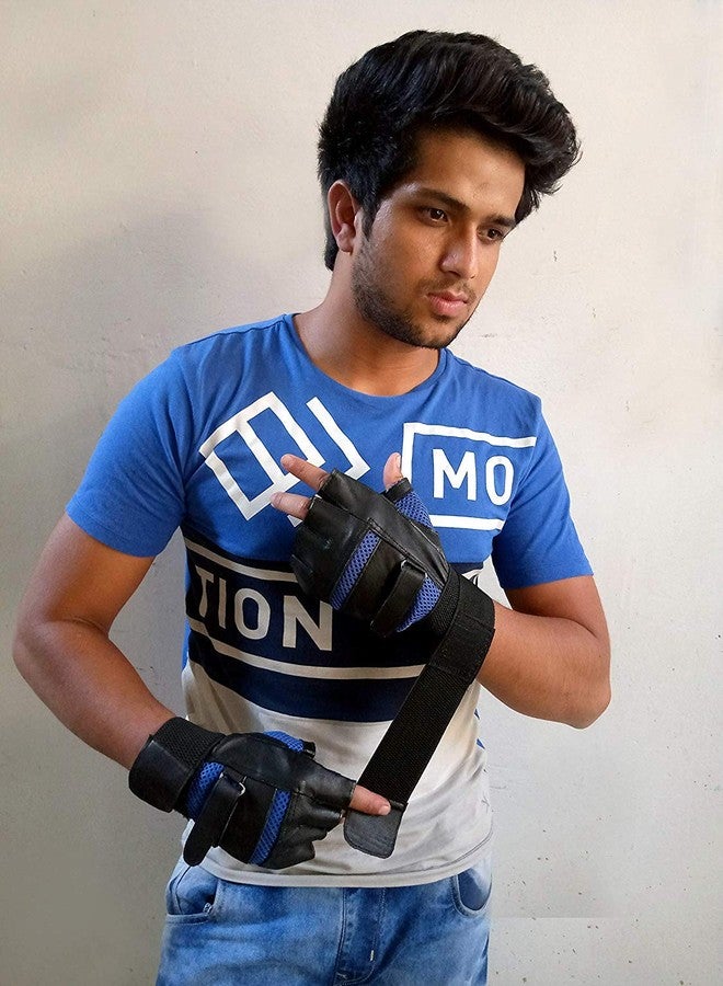 GymWar Leather Gym Gloves with Wrist Support (Blue) Free Size - Image 5