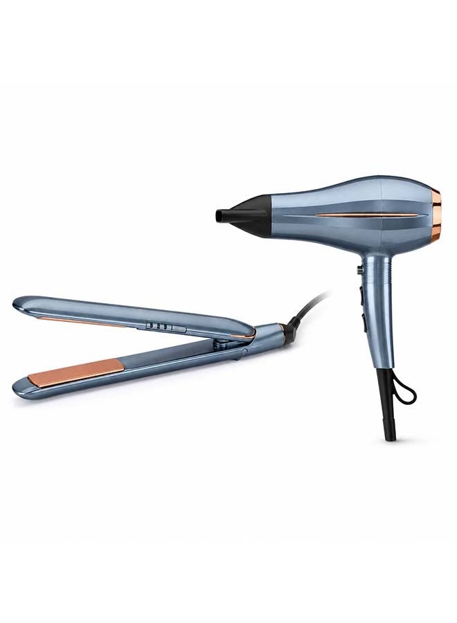 Denim Luxe Hair Straightener | Diamond-Ceramic Plates For Smooth, Shiny Hair | Fast Heat-Up And Adjustable Temperature | Frizz Control And Salon-Quality Finish – St251Psde Sky Blue & 2200W DC Hair Dryer with Ionic Technology, Powerful Motor for Fast Drying, 1 Styling Nozzle, Frizz Control, Lightweight Design, Ideal for Thick and Curly Hair – D251PSDE Denim Blue Bundle