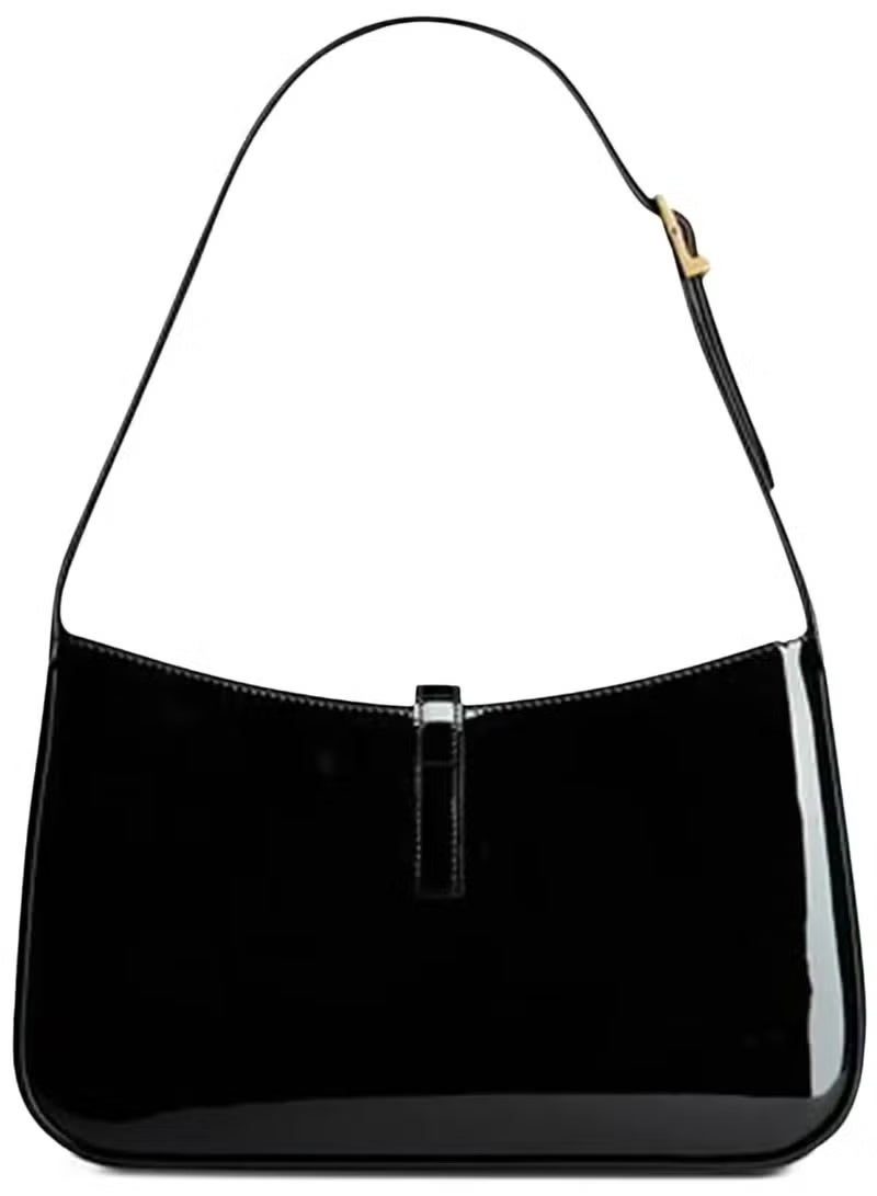 Yls Women's Patent Leather Hobo Shoulder Bag with YSL Hook – Glossy Black - Image 4