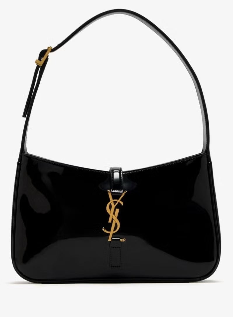 Yls Women's Patent Leather Hobo Shoulder Bag with YSL Hook – Glossy Black - Image 1