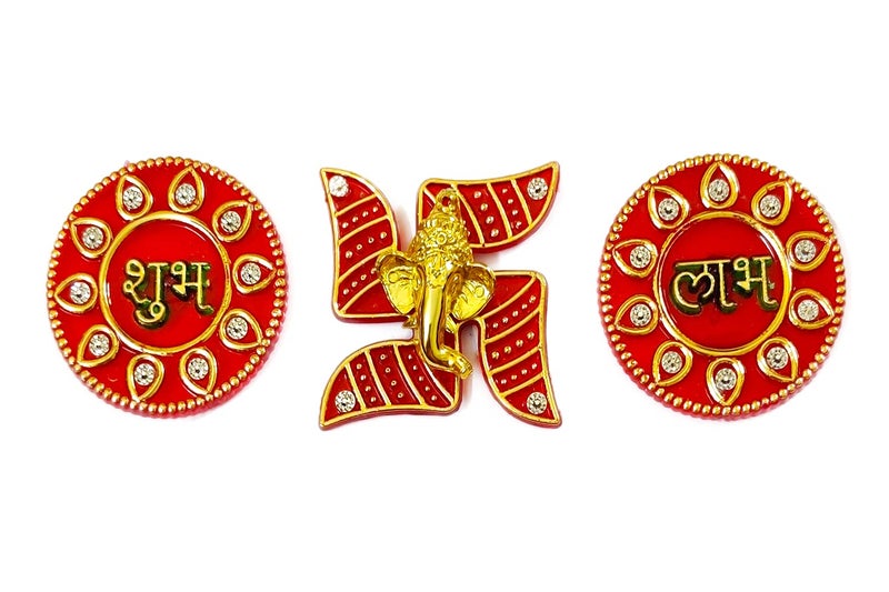 Avanti Creation Kundan Studded Round Shubh Labh Swastik Sticker for Door Decoration Diwali Decoration for Home Small Size  - Image 1