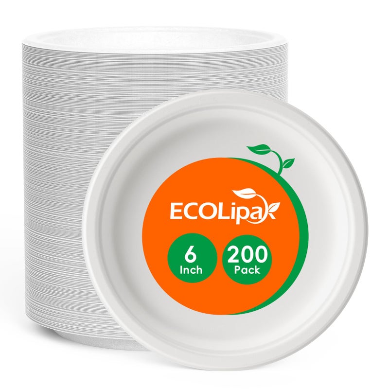 ECOLipak 6 Inch Disposable Compostable Small Paper Plates  200 Pack Recycled Sugarcane Bagasse Biodegradable Heavy Duty Mini Dinner Appetizer Cake Dessert Plates for Party(White) - Image 1