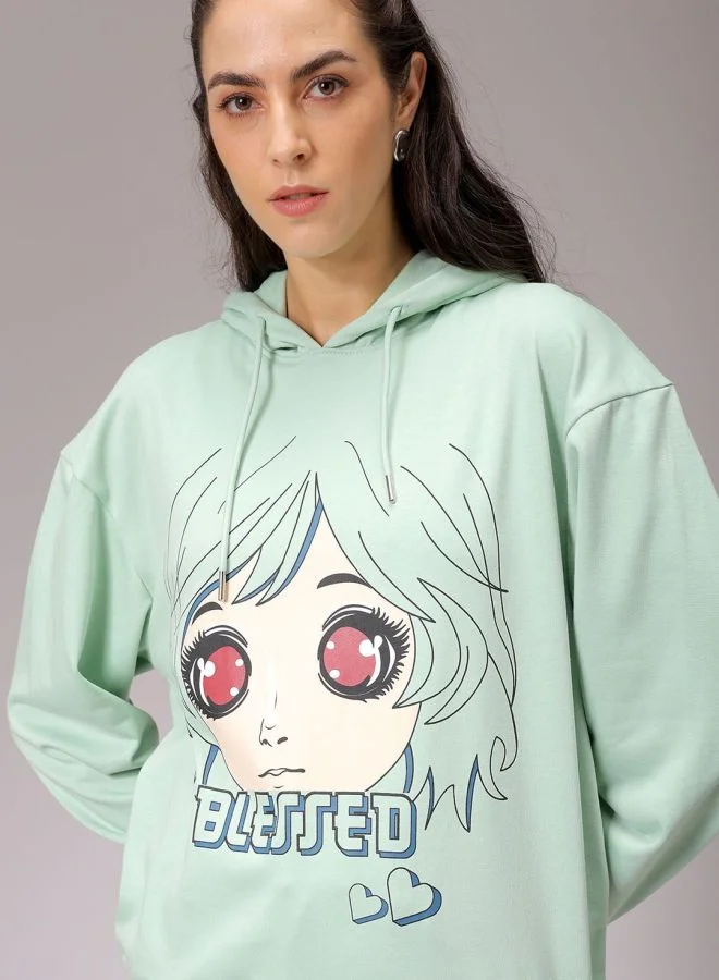 Women Relaxed Fit Anime Printed Hooded Neck Long Sleeve Hooded Sweatshirt