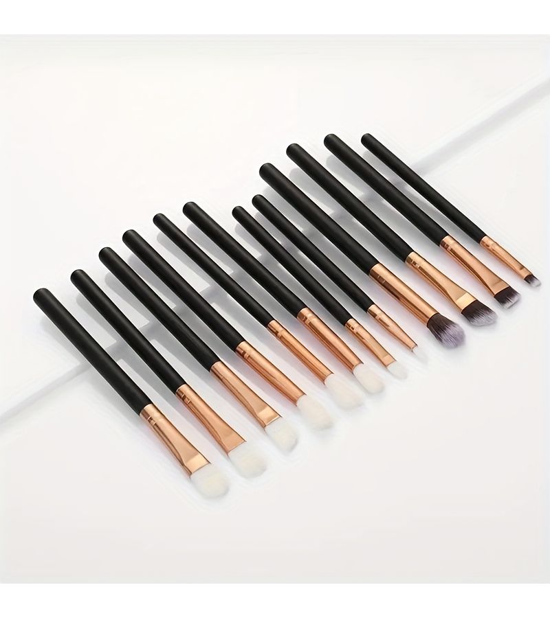 Black 12 Piece Makeup Brush Set With Nylon Bristles For Eyeshadow Foundation Blush - Image 3