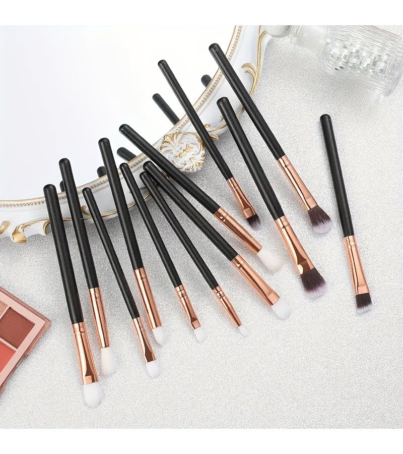 Black 12 Piece Makeup Brush Set With Nylon Bristles For Eyeshadow Foundation Blush - Image 1
