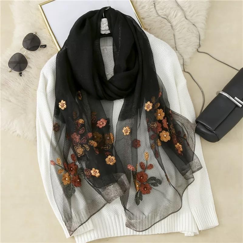 Jeelow Silk Wool Blend Embroidered Floral Scarf Shawl Wrap for Women with Pearls Lightweight Long Wedding Pashmina Gift Fashion (Fleur Black) - Image 2