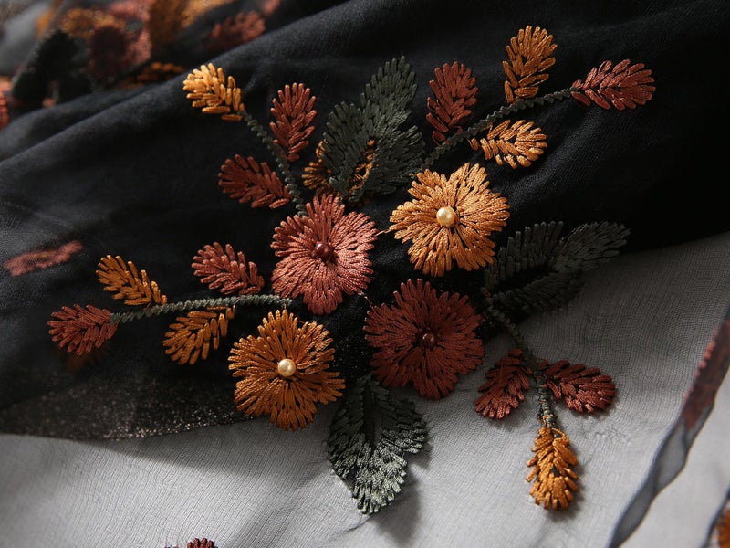 Jeelow Silk Wool Blend Embroidered Floral Scarf Shawl Wrap for Women with Pearls Lightweight Long Wedding Pashmina Gift Fashion (Fleur Black) - Image 3