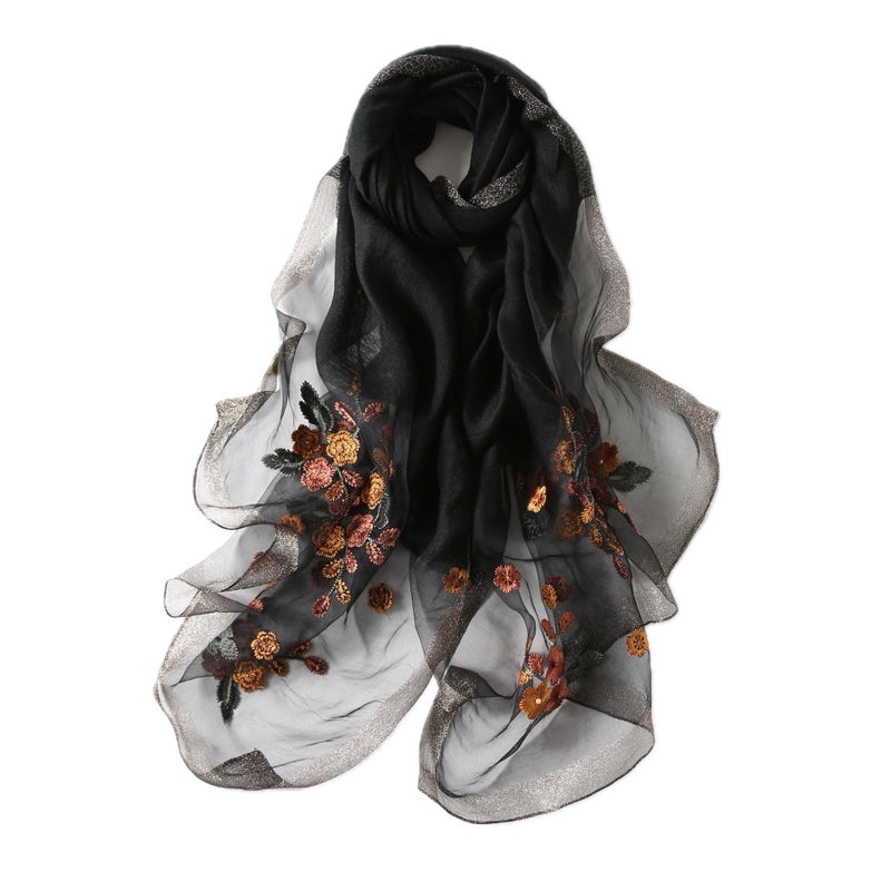 Jeelow Silk Wool Blend Embroidered Floral Scarf Shawl Wrap for Women with Pearls Lightweight Long Wedding Pashmina Gift Fashion (Fleur Black) - Image 1