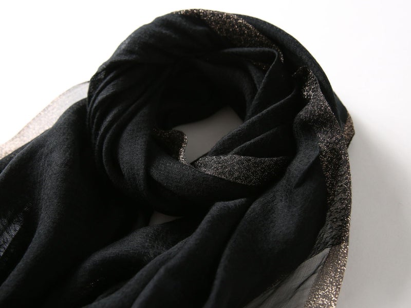 Jeelow Silk Wool Blend Embroidered Floral Scarf Shawl Wrap for Women with Pearls Lightweight Long Wedding Pashmina Gift Fashion (Fleur Black) - Image 5