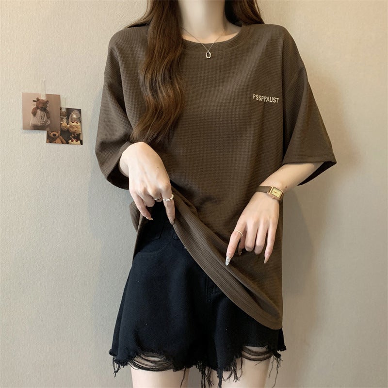 American Retro Wafflesque T-Shirt Women'S Loose Short-Sleeved Summer Oversize Plus Size Half-Sleeved Mid-Length Trendy - Image 3