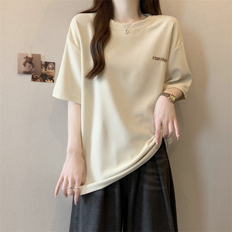 American Retro Wafflesque T-Shirt Women'S Loose Short-Sleeved Summer Oversize Plus Size Half-Sleeved Mid-Length Trendy - Image 5