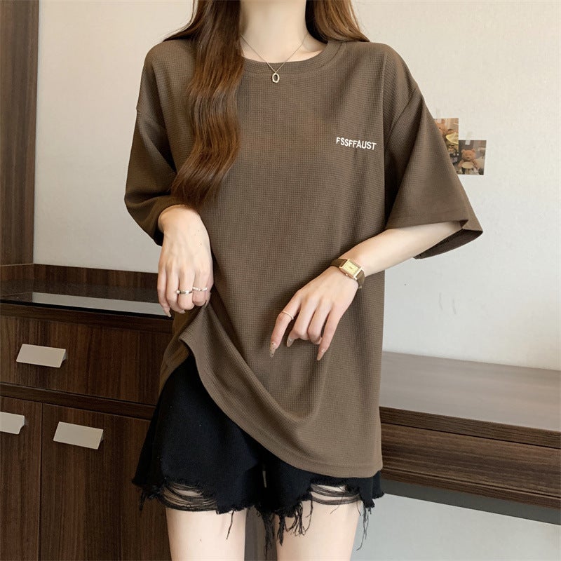 American Retro Wafflesque T-Shirt Women'S Loose Short-Sleeved Summer Oversize Plus Size Half-Sleeved Mid-Length Trendy - Image 4