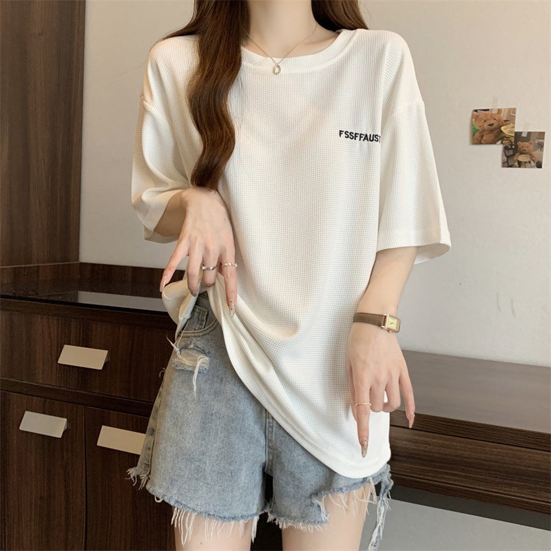 American Retro Wafflesque T-Shirt Women'S Loose Short-Sleeved Summer Oversize Plus Size Half-Sleeved Mid-Length Trendy - Image 2