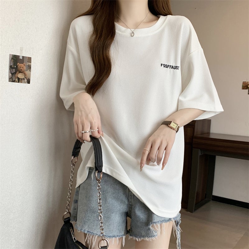 American Retro Wafflesque T-Shirt Women'S Loose Short-Sleeved Summer Oversize Plus Size Half-Sleeved Mid-Length Trendy - Image 1