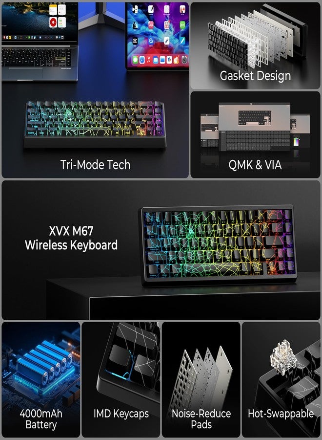 HITIME x XVX M67 60% Percent Keyboard Wireless, QMK/VIA Black Spider Web Gaming Keyboard, Tri-Mode Thocky Creamy Mechanical Key Board, Hot Swappable Gasket Mount RGB IMD Tech for Win/Mac - Image 2